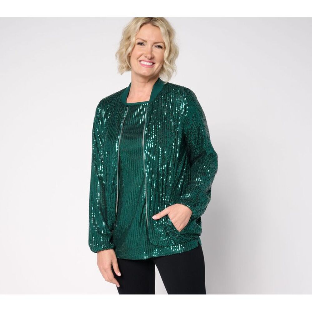 Belle by Kim Gravel Women's Jacket Sz M Dress For Joy Zip Up Sequin Green
